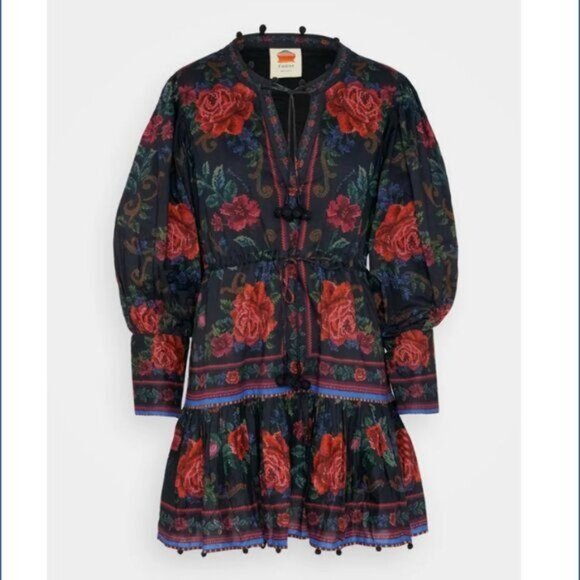 FARM Rio Mini Dress S Black Flower Tapestry Teal Floral Cottagecore Summer - Picture 14 of 16